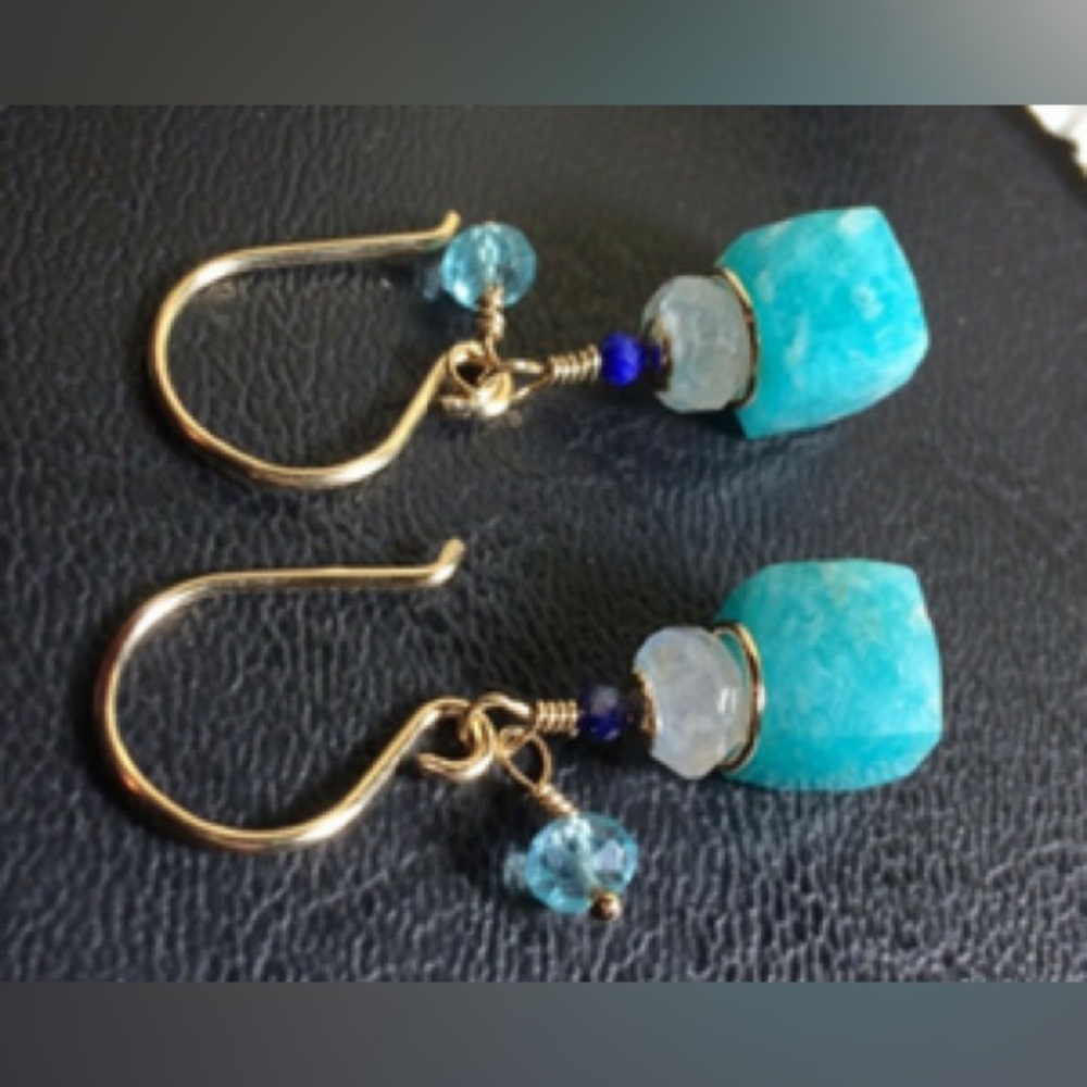Russian Amazonite, Rainbow Moonstone, Sky Blue Apatite, Lapis & Gold Earrings